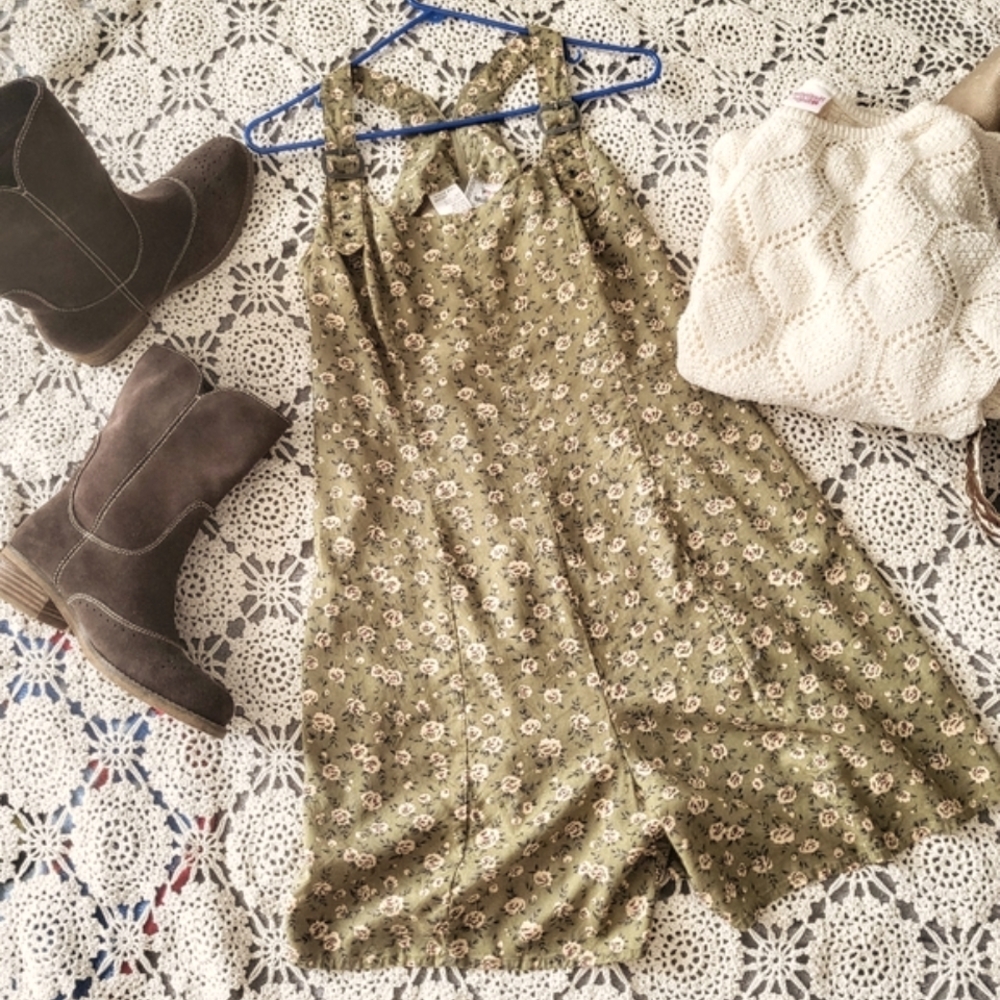 Floral Green Pinafore Sleeveless Dress